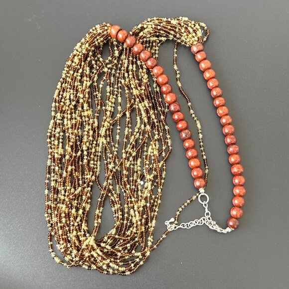 Boho Style Beaded Necklace Chunky Multi Strand Brown Cream - Picture 4 of 5